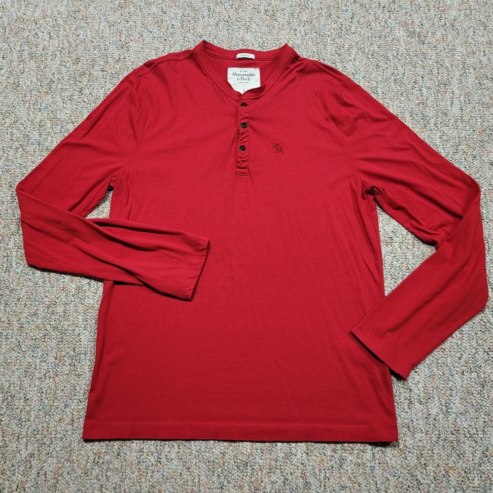 Abercrombie & Fitch Henley Shirt Mens Large Red Muscle Long Sleeve Moose Logo